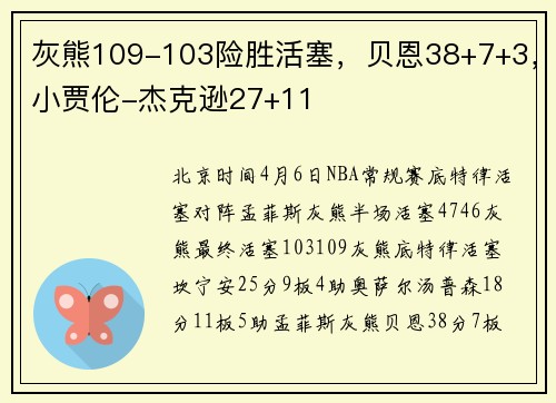 灰熊109-103险胜活塞，贝恩38+7+3，小贾伦-杰克逊27+11